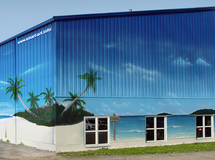 Blue Beach Witten, Außenfassade Wandmalerei, Wandbemalung, Wandgemälde, Hallenbemalung, Wandbild, Strandbild, Strand, Beachhalle, Fassadenmalerei, Fassadenbilder, Strandlandschaft, Airbrushdesign, smart art, Airbrusher Martin Dippel, Hamburg, Berlin, Ruhrgebiet