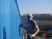 Blue Beach Witten, Lackierung Außenfassade Wandmalerei, Wandbemalung, Wandgemälde, Hallenbemalung, Wandbild, Strandbild, Strand, Beachhalle, Fassadenmalerei, Fassadenbilder, Strandlandschaft, Airbrushdesign, smart art, Airbrusher Martin Dippel, Hamburg, Berlin, Ruhrgebiet