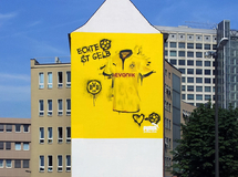 PUMA Street Art Kampagne 2012, Fassadenmalerei BVB, Dortmund, Hoher Wall - Am U Wandmalerei, Wandbemalung, Wandgemälde, Wandbild, Fassadenmalerei, Fassaden, Bilder, Fassaden, Gestaltung, Street Art, Graffiti, BVB, Trickot 2012, Borussia, PUMA, smart art, Airbrusher Martin Dippel, Dortmund